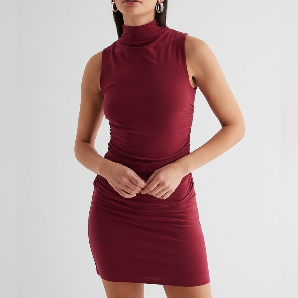 Express Mock Neck Sleeveless Ruched Mini Dress in Ruby Red Berry Bon Bon Size M